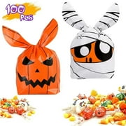 NANDIYNZHI Clearance Halloween Bucket 100 Pcs Halloween Candy Bags And Pumpkin Pattern Candy Bags Trick Or Bags Rabbit Ears Goodie Bags Halloween Plastic Gift Bags For Halloween Party Orange