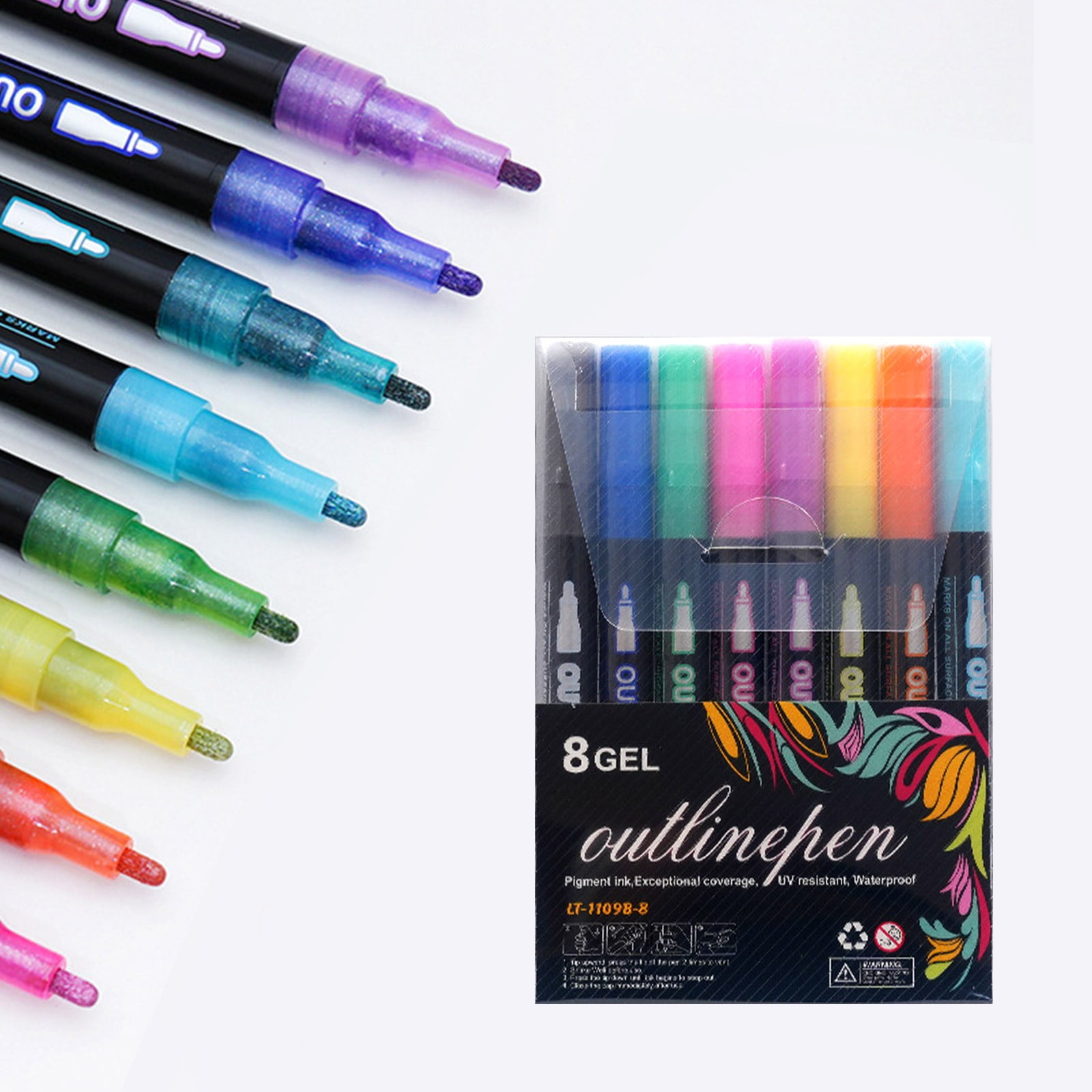 NANDIYNZHI Double Line Outline Markers, 8 Colors Outline Shimmer Metallic Marker,Outline Markers Glitter Markers, Self Outline Metallic Marker Pens for Art, Drawing, Doodling, Card Making