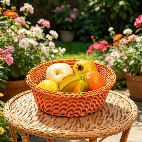 NANDIYNZHI Fruit Basket,9.4 x 3.1 Inch,Orange,Practical for Kitchen,Rattan Basket,Fruit Basket for Kitchen Counter,Bread Basket,Woven Basket, Round Wicker Tray,Wicker Basket