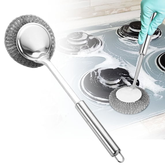 NANDIYNZHI Long Handle Steel Wool Scrubber Steel Wool With Handle Wool Brush With Metal Handle Steel Wool Pads Steel Scrubber Steel Wool Scrubber Handle Steel Wool Scrubber Chainmail Scrubber