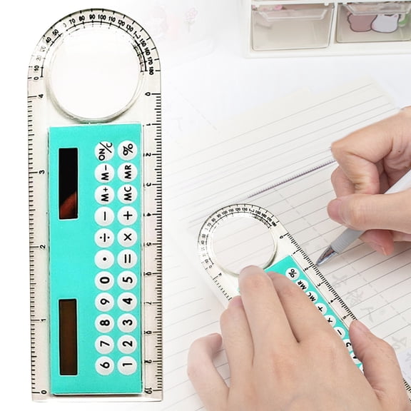 NANDIYNZHI Plastic Ruler Calculator 5.2x1.8 Inch Light Blue Durable for Classroom and Office, Digital Math Device, Magnifier Protractor, Teacher Stationery, Angle Finder Device, 4 in 1 Measuring Tool