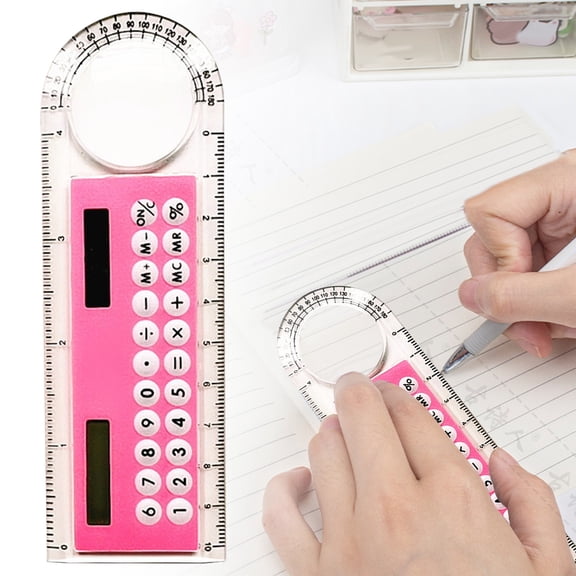 NANDIYNZHI Plastic Ruler Calculator 5.2x1.8 Inch Pink Durable for Classroom and Office, Angle Finder Device, 4 in 1 Measuring Tool, Magnifier Protractor, Digital Math Device, Teacher Stationery