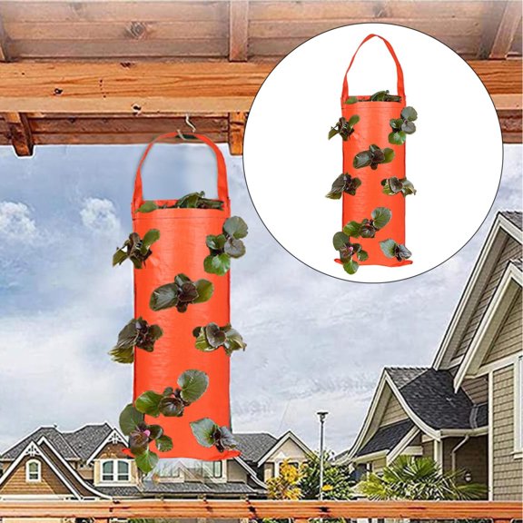 NANDIYNZHI Upside Down Strawberry Planter,Hanging Plant Grow Bag,27.5 x 9.8 Inch PVC Pratical Plant Grow Bag with Hanging and Breathable Hole for Strawberry Tomato Grow,Style Orange