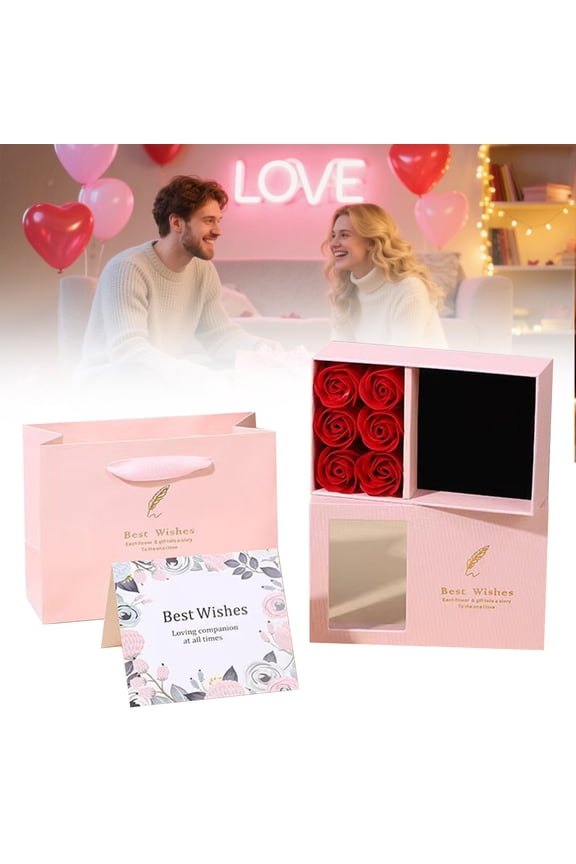 Valentine's Day Rose Jewelry Box Preserved Flower Roses Box,Ringbox with 6pcs Soap Eternal Rose Necklaces Boxes,Romantic Gift Boxes for Mom Her Valentines Day Wedding Party Supply
