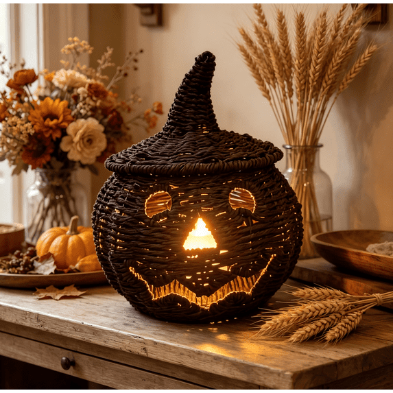 NANIL 10 Inch Halloween Jack-O'-Lantern Basket with Lid - Black Rattan Pumpkin Figurine Decor, Handcrafted Rattan Pumpkin Tabletop Centerpiece for Farmhouse Style Halloween Home Ornament