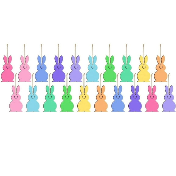 NANIL 20Pcs Easter Peep-s Bunny Wood Ornaments, 10 Colors Colorful Wooden Slices Kit with Hanging Ribbon for Spring Tree Decor, Party Favors, DIY Crafts & Gift Tags