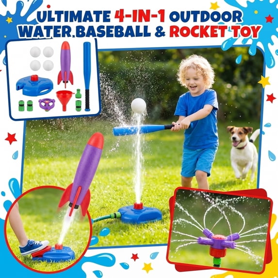 NANIL 4-in-1 Water Sprinkler Baseball Toy, Water-Spraying Rocket, Water Baseball, Rocket Launch Game, Spinning Water Sprayer Outdoor Summer Toys for Boys Girls Outside Water Game Toys for Kids 3-12