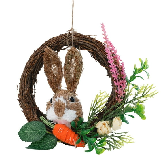 NANIL 8 inch Mini Easter Wreath with Rabbit Statue Artificial Spring Bunny Grapevine Wreaths Rattan Garland Decorated with Carrot Easter Eggs & Roses Floral Ornament for Farmhouse Kitchen Cabinet