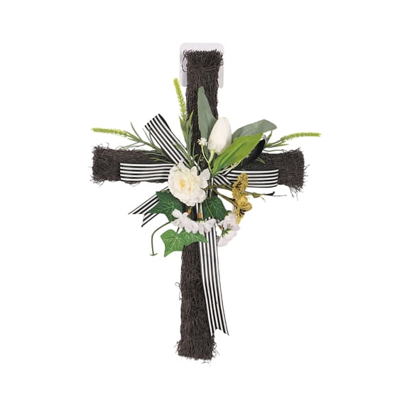 NANIL Easter Wreath Decor for Front Door,15.75" Easter Cross Simulation Flower Wall Decoration, Spring Holiday Decor, Easter Wreath Spring Decor Garland with Flowers for Indoor Outdoor Porch Window