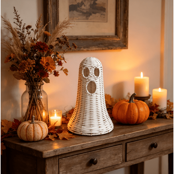 NANIL Halloween Woven Ghost Basket, 12 Inch Handwoven White Rattan Ghost Figurine, Spooky Farmhouse Halloween Tabletop Centerpiece & Porch Decor, Halloween Home Ornament Perfect Halloween Gift