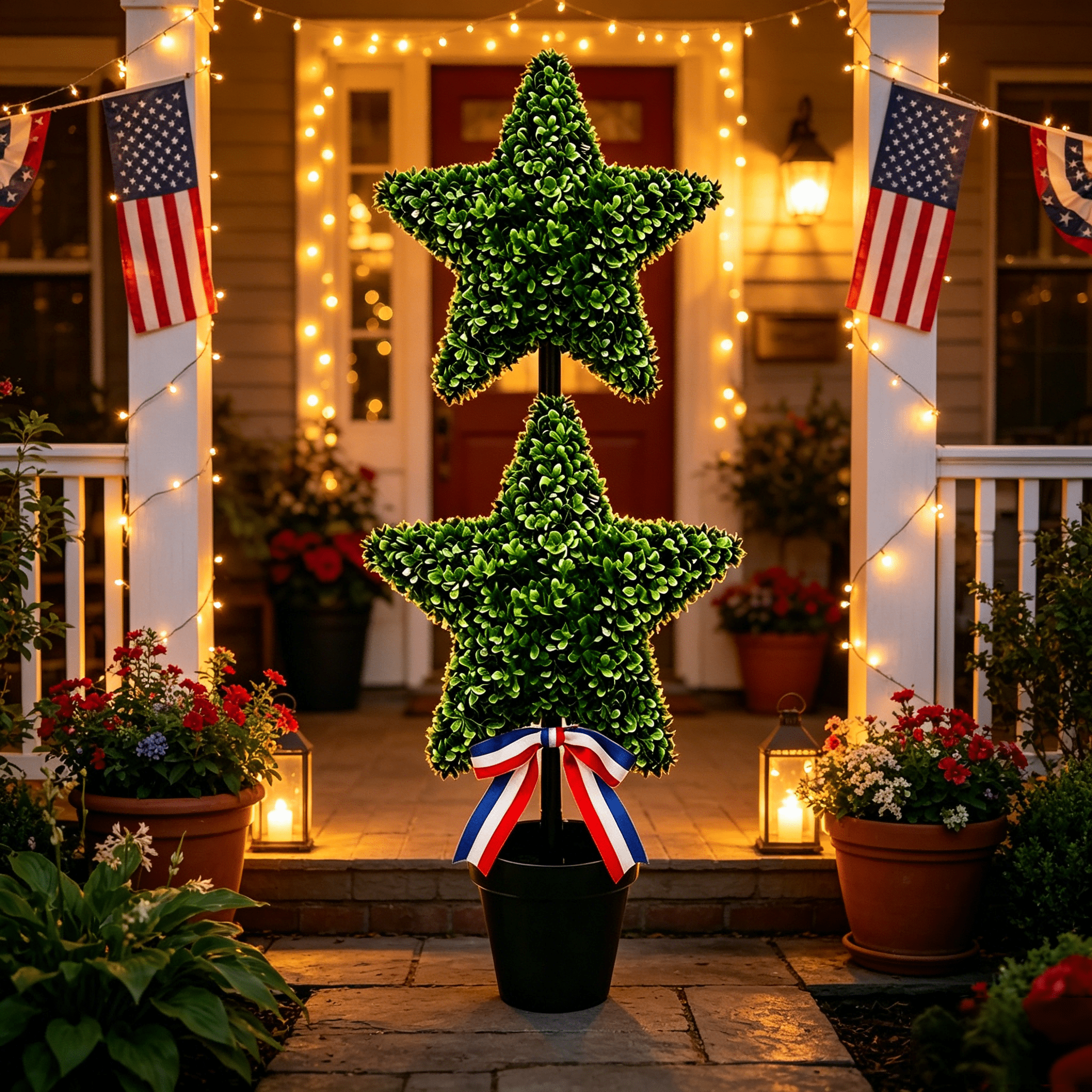 NANIL Patriotic Star Artificial Topiary Tree 35.5", Independence Day 4th of July Potted Plant with Red White Blue Bow, 250th Anniversary Merchandise Fake Greenery for Front Porch Outdoor Decor
