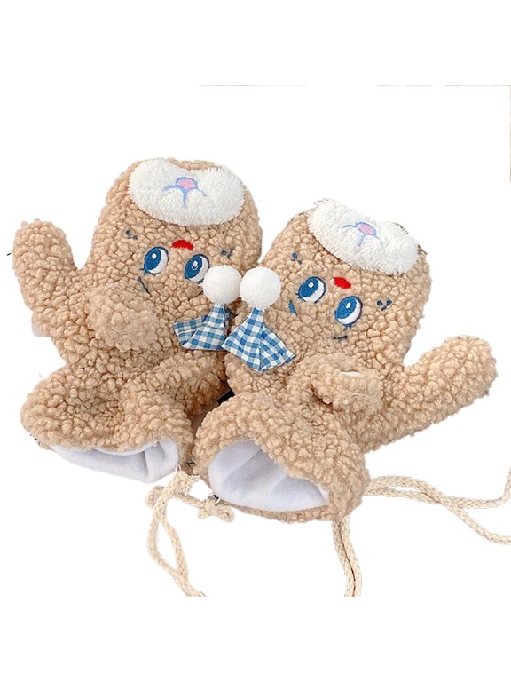 Bear Mittens with String Plush Gloves Winter Warm Gloves Cartoon Costume