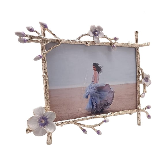NANMELX Branch Detail Metal Photo Frame with White Flower Accent for Desk Display, Shelf Use, and Home Photo Piece Accent