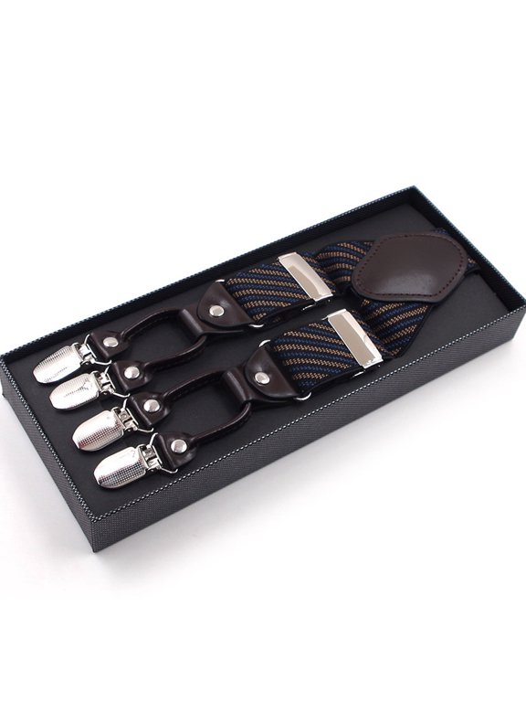 Men Stripe Y-Shape Suspender With Non-Slip 6 Clips Elastic Adjustable Pant Brace