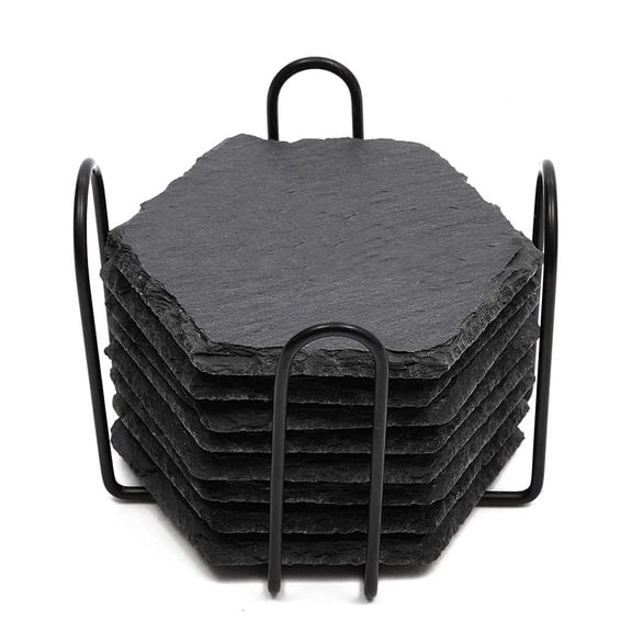 NANMELX Set of 8 Natural Stone Material Slate Coasters with Iron Storage Rack 3 Styles to Choose Cup Coasters Tables Decorations
