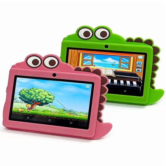 NANNEE Q8 Kids Tablet 7 inch Android 12, 2GB RAM 32GB ROM, Parental Control, Dual Camera, WiFi Bluetooth, 3000mAh, Cute Dinosaur Shockproof Silicone Case, Toddler Learning Tablet for Boys - Green