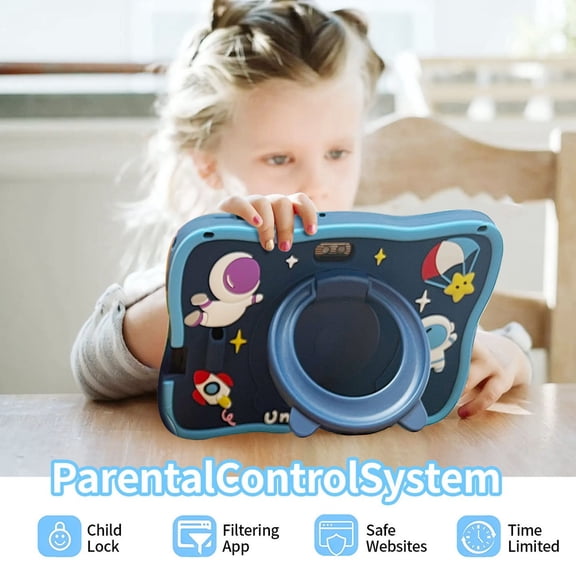 NANNEE Q8 Kids Tablet 7 inch Android 12, 2GB RAM 32GB ROM, Parental Control, Dual Camera, WiFi Bluetooth, 3000mAh, Shockproof Silicone Case, Toddler Learning Tablet for Boys Girls - Blue