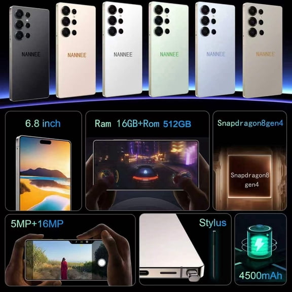 NANNEE X25Ultra Unlocked 4G LTE Smartphone, 6.8" HD Touchscreen Cell Phone, 16GB RAM+512GB Storage, 4500mAh Long Standby Battery, 16MP HD Rear Camera, Android 14 Dual SIM Unlocked Mobile Phone, White