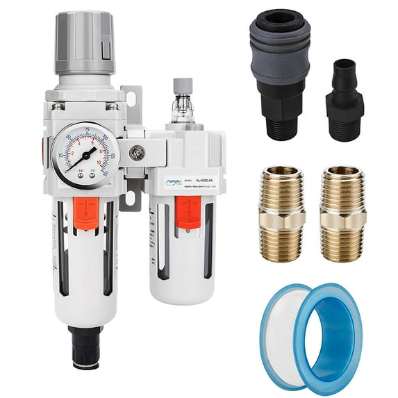 NANPU 1/2" NPT Auto-Drain Air Filter Regulator Lubricator Combo (FRL) Water/Oil Trap Separator - Gauge(0-150 psi), 5 Micron Brass Element, Poly Bowl, Metal Bracket
