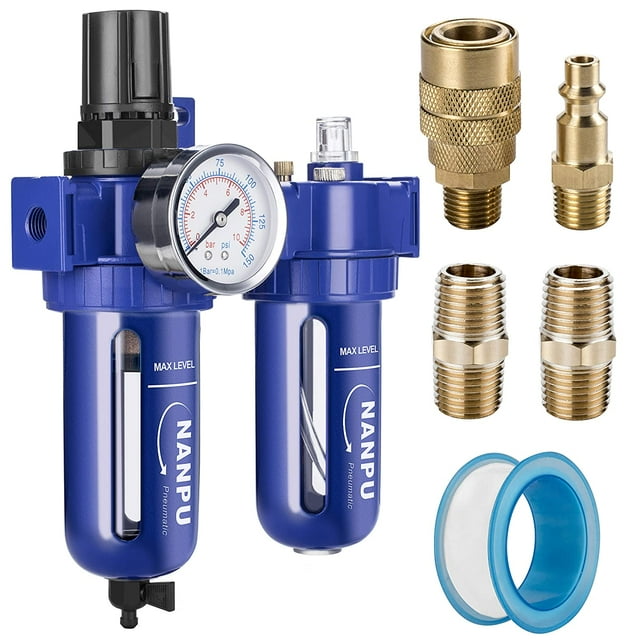 NANPU 1/2" NPT Compressed Air Filter Regulator Lubricator (FRL), Zinc Alloy, 5 Micron Brass Element, 0-150 psi Gauge, Quick Release Bowl, Manual Drain, Metal Bracket.