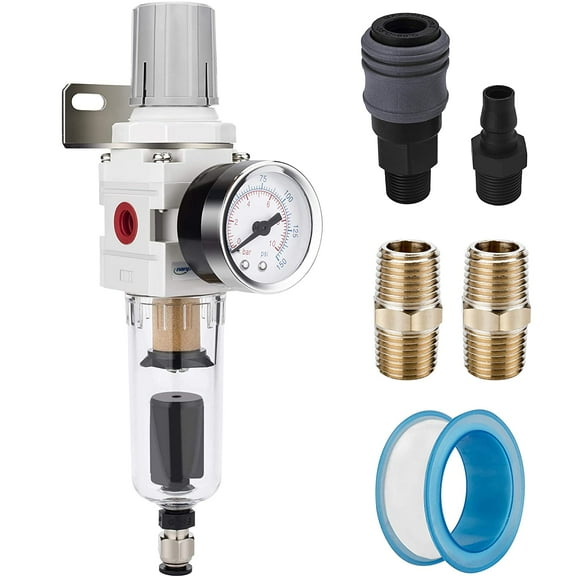 NANPU 1/4" NPT Compressed Air Filter Regulator Combo Piggyback, Auto Drain, 5 Micron Brass Element, Poly Bowl, Metal Bracket, 0-150 psi Gauge