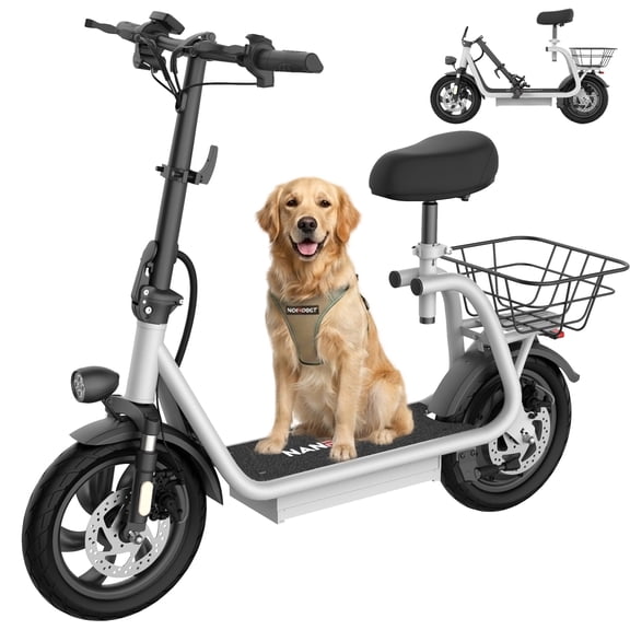 NANROBOT Electric Scooter with Seat for Adults 560W Peak Motor 12.5 Miles Range 20MPH Powered Motor Scooters Foldable Adult Electric Scooter for Commuting with Basket & Shock,for Pets & Cargo Black