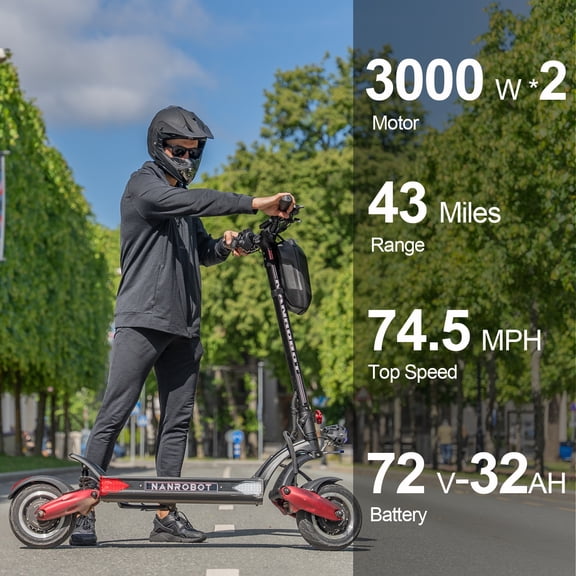 NANROBOT LS7+ Electric Scooters with Seat Adults 6000W Dual Motor 75mph 85 Miles Foldable Off Road Sport Scooter with Suspension 300lbs Load