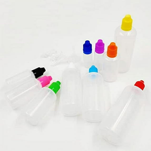 NANSHINE 10MLx100 LDPE Plastic Dropper Bottles Empty Squeeze Liquid Eye Dripper Containers with Child Resistant Cap (Bottles + Mixing Color Caps + Tips+label)