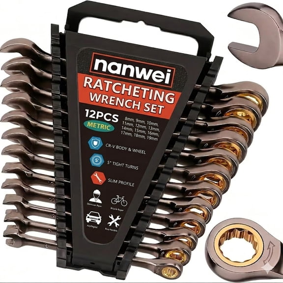 NANWEI 12-piece combination ratchet wrench set, SAE, 1/4" - 7/8" size, CR-V steel, 5 tight rotation, vehicle maintenance, DIY, home maintenance and industrial manual tool set, with storage rack.