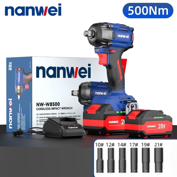 NANWEI 20V MAX Brushless Cordless Impact Wrench, 500Nm High Torque 1/2" Compact Impact Gun with Metal Belt Clip, 24.0Ah Batteries, Fast Charger & 6 Deep Wheel Sockets