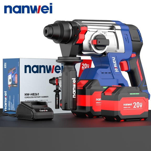 NANWEI 20V MAX Brushless SDS Plus Cordless Rotary Hammer Drill, 4-Mode Multi-Function Hammer Drill with 2 x 4.0Ah Batteries & Fast Charger, Auxiliary Handle for Concrete, Masonry, Wood & Metal Drilli