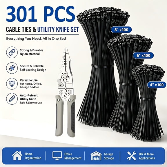NANWEI Cable Tool Kit, 8.5" Multi Electrician Pliers + 301PCS Nylon Zip Ties, Wire Stripper Crimp Nail Puller for Home Garage DIY