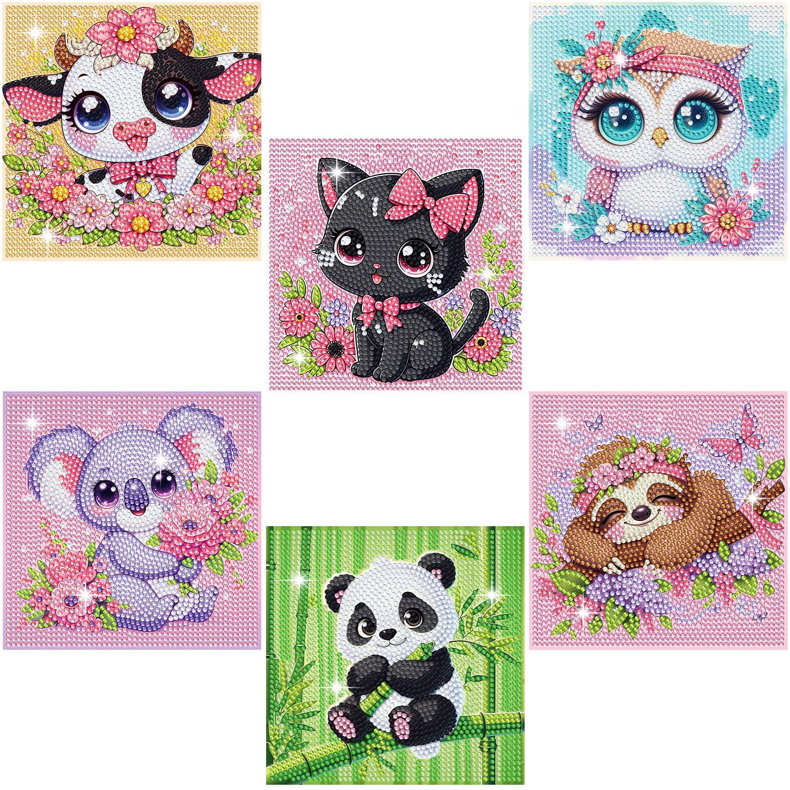 4 Pack Kids Diamond Painting Kits - 5D Cute Animals, 6x6 Inch Canvas, DIY Art & Craft For Ages 4-8-12