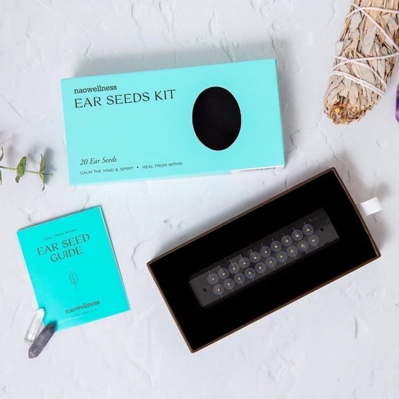 NAO Wellness 24K Gold-Plated Stainless Steel Ear Seeds  Auriculotherapy Acupressure Beads Self-Care Kit with 40+ Solutions, 20 Count