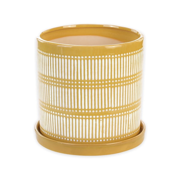 NAPCO - Linear Yellow And White 6.25 x 6.25 Ceramic Standing Container Garden Planter Pot With Saucer