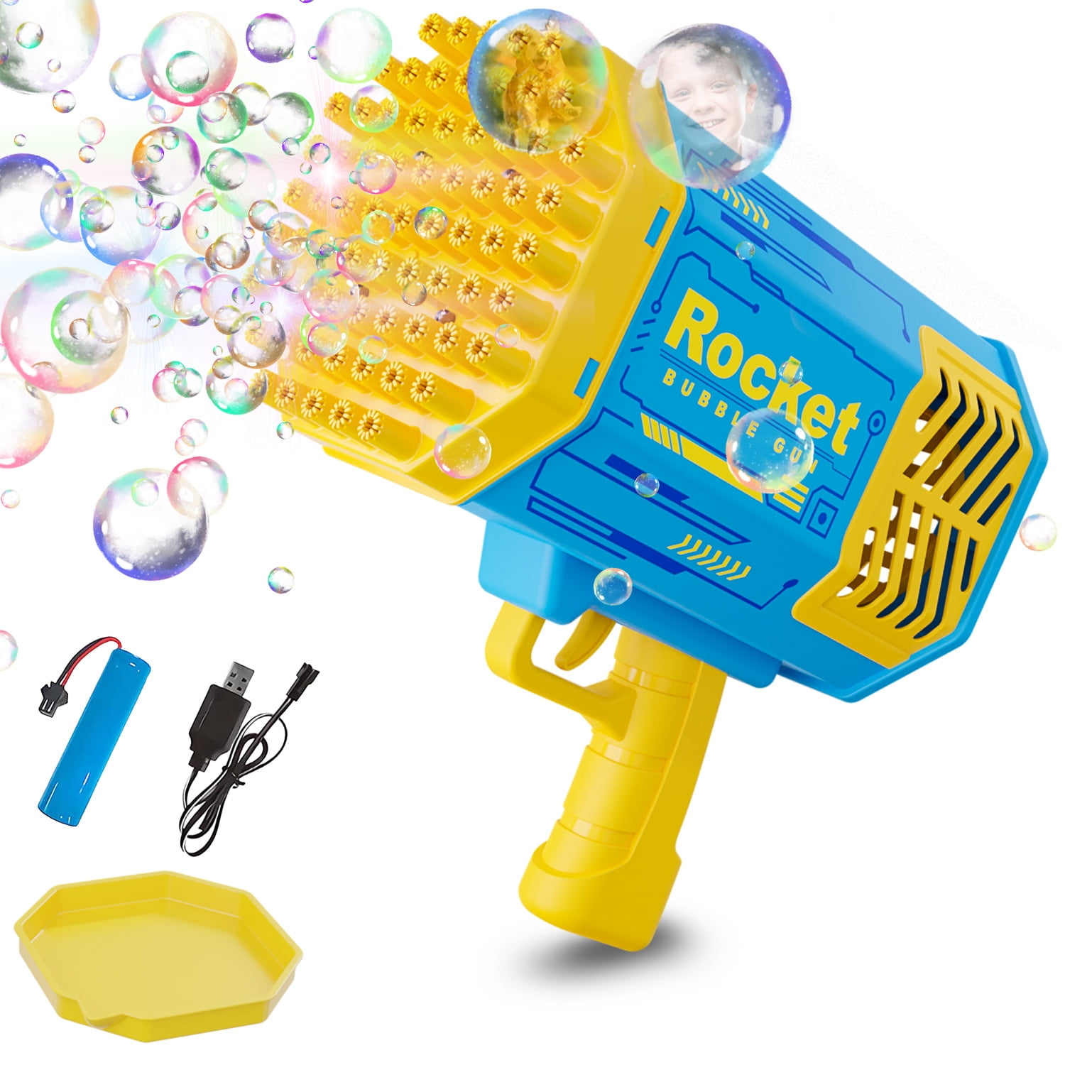 NAPEI Big Bubble Machine , 69 Holes Bubble Gun Toys with Colorful Lights ,  Rocket Launcher Bubble Maker for Wedding Party Birthday Gift (Blue) 