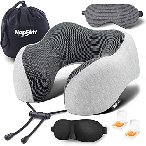 NAPFUN Neck Pillow for Traveling, Upgraded Travel Neck Pillow for Airplane 100% Pure Memory Foam Travel Pillow for Flight Headrest Sleep, Portable Plane Accessories, Light Grey