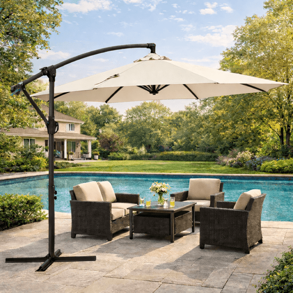 NAPWANT 10ft Patio Cantilever Umbrella, Hanging Offset Outdoor Umbrella with Crank & Cross Base, Beige (No Base)