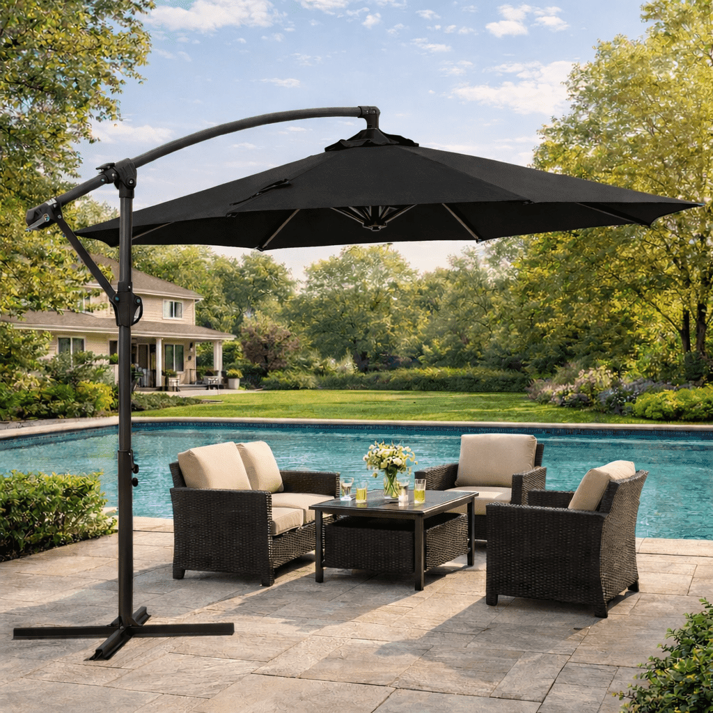10-foot hanging offset cantilever patio umbrella with crank and tilt NAPWANT 10ft Patio Cantilever Umbrella, Hanging Offset Outdoor Umbrella  with Crank & Cross Base, Black (No Base)