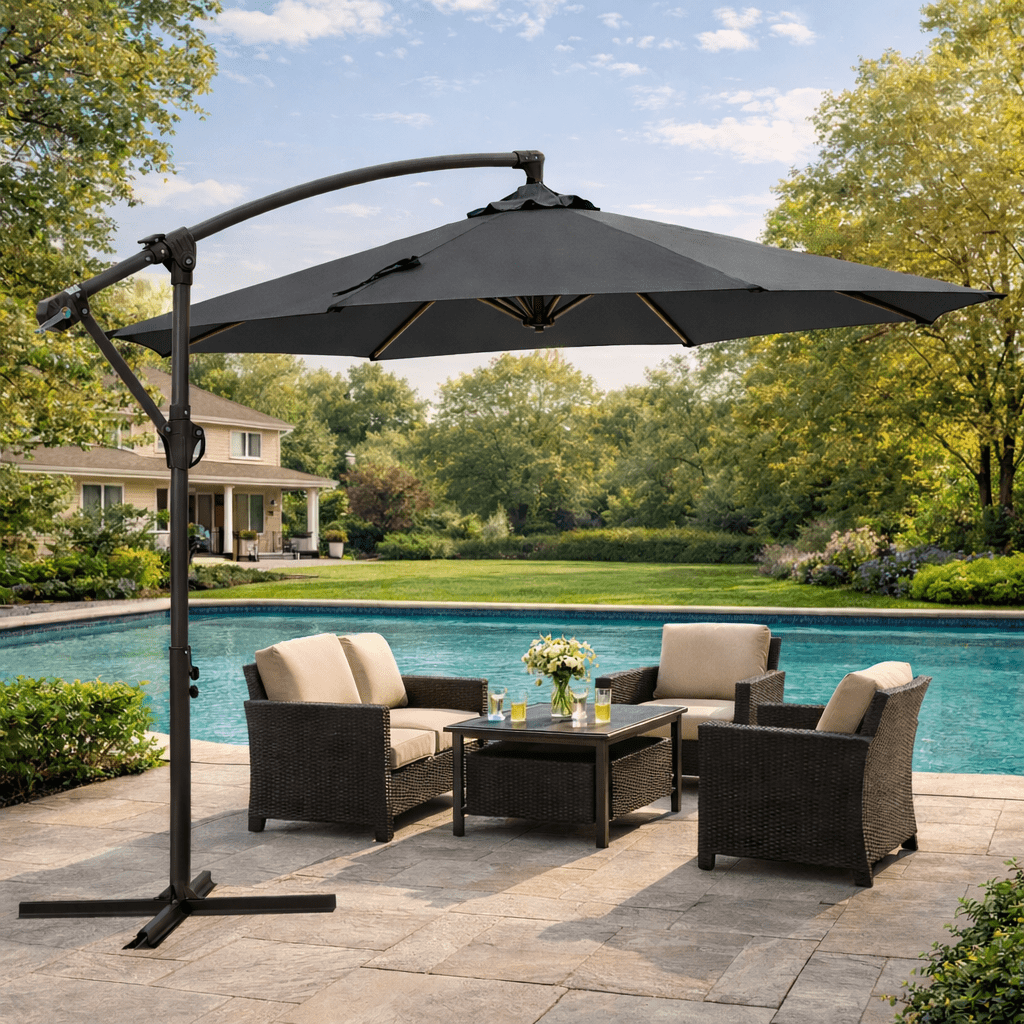 10 ft gray patio umbrella NAPWANT 10ft Patio Cantilever Umbrella, Hanging Offset Outdoor Umbrella  with Crank & Cross Base, Gray (No Base)