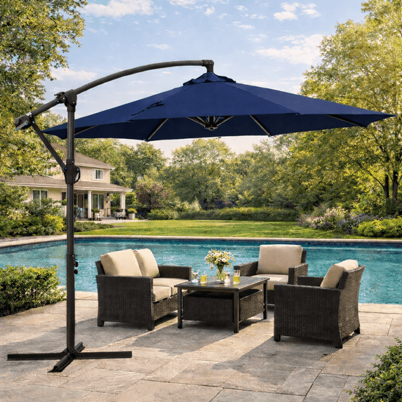 NAPWANT 10ft Patio Cantilever Umbrella, Hanging Offset Outdoor Umbrella with Crank & Cross Base, Navy-Blue (No Base)