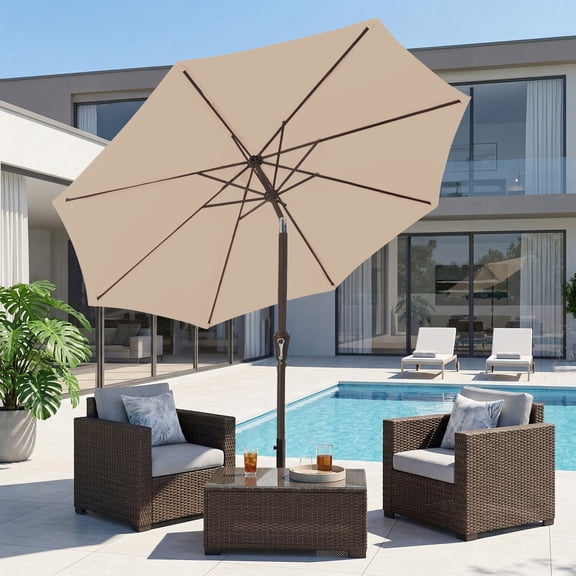 NAPWANT 9ft Patio Umbrella, 8 Sturdy Ribs Outdoor Table Umbrella with Push-Button Tilt & Crank for Garden, Deck, and Pool Beige