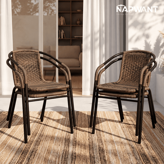 NAPWANT Outdoor Rattan Patio Dining Chairs Set of 4, Stackable All-Weather Wicker Chairs with Steel Frame for Garden, Deck, Backyard, Brown