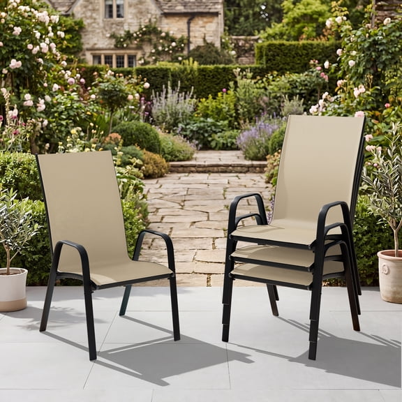 NAPWANT Patio Dining Chairs, Set of 4 Stackable Outdoor Chairs, All-Weather Space Saving Design, Beige