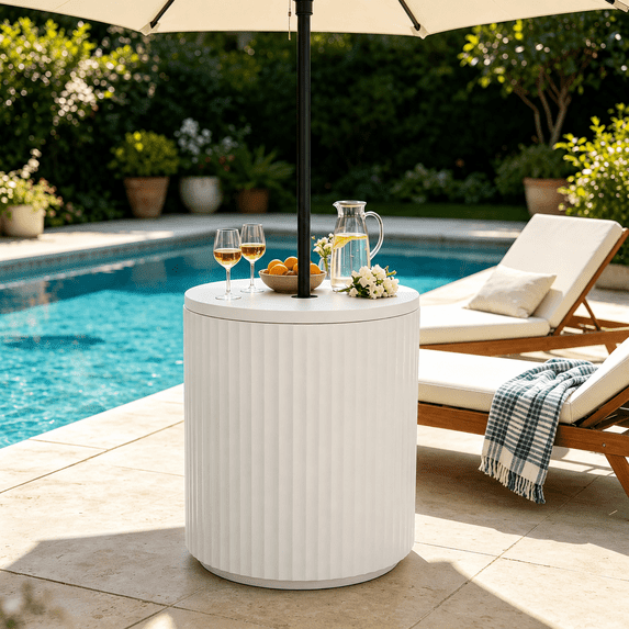 NAPWANT Outdoor Umbrella Side Table, Patio Cooler End Table with Fillable Weighted Stand and Ice Bucket, 3-in-1, White