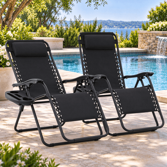 NAPWANT Zero Gravity Chair Set of 2, 400 lb Heavy Duty Folding Recliner with Pillow & Detachable Tray for Patio, Camping, RV & Poolside, Black