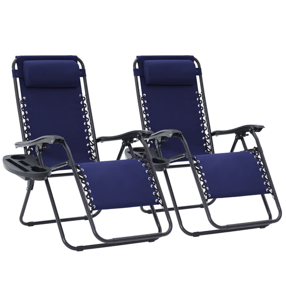 NAPWANT Zero Gravity Lounge Chair Set of 2, Adjustable Steel Mesh Recliner with Pillow & Cup Holder Tray,Navy Blue