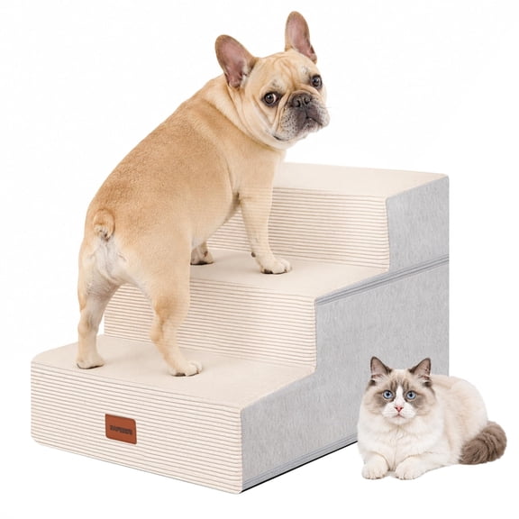 NAPWAYS Dog Stairs for Small Dogs, 13.5" H, 3-Step Pet Steps for Bed Couch Sofa and Chair, Non-Slip Balanced Pet Ramp for Injured & Senior Pets with Washable Cover and Durable Foam, Beige