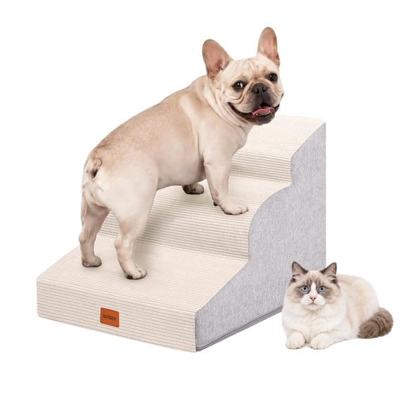 NAPWAYS Dog Stairs for Small Dogs,15.7" H,3-Step Curved Pet Ramp for Bed Couch Sofa and Chair,Non-Slip Pet Steps for Injured & Senior Pets with Washable Cover and Durable High Density Foam,Beige