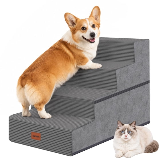 NAPWAYS Dog Stairs for Small Dogs, 18" H, 4-Step Pet Steps for Bed Couch Sofa and Chair, Non-Slip Balanced Pet Ramp for Injured & Senior Pets with Washable Cover and Durable High Density Foam, Grey